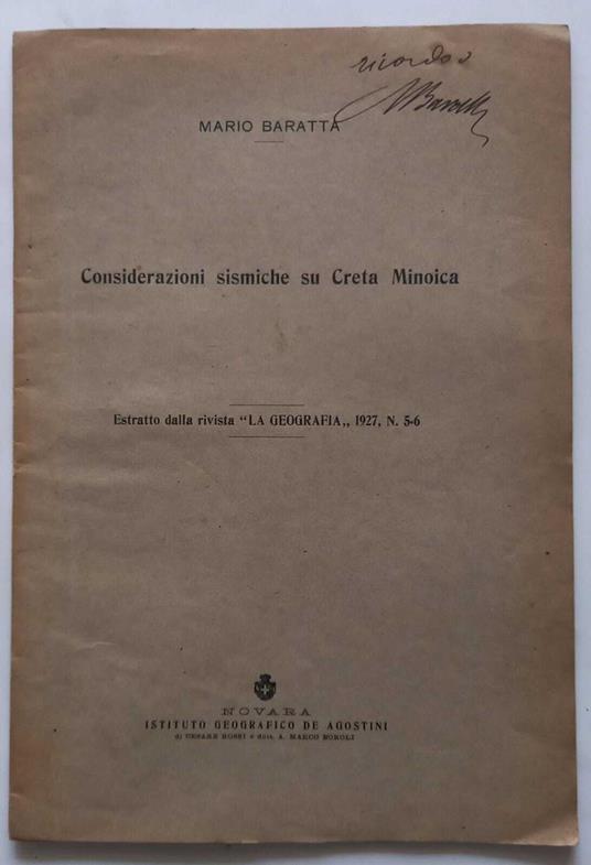 Considerazioni sismiche su Creta Minoica. (Estratto) - Mario Baratta - copertina