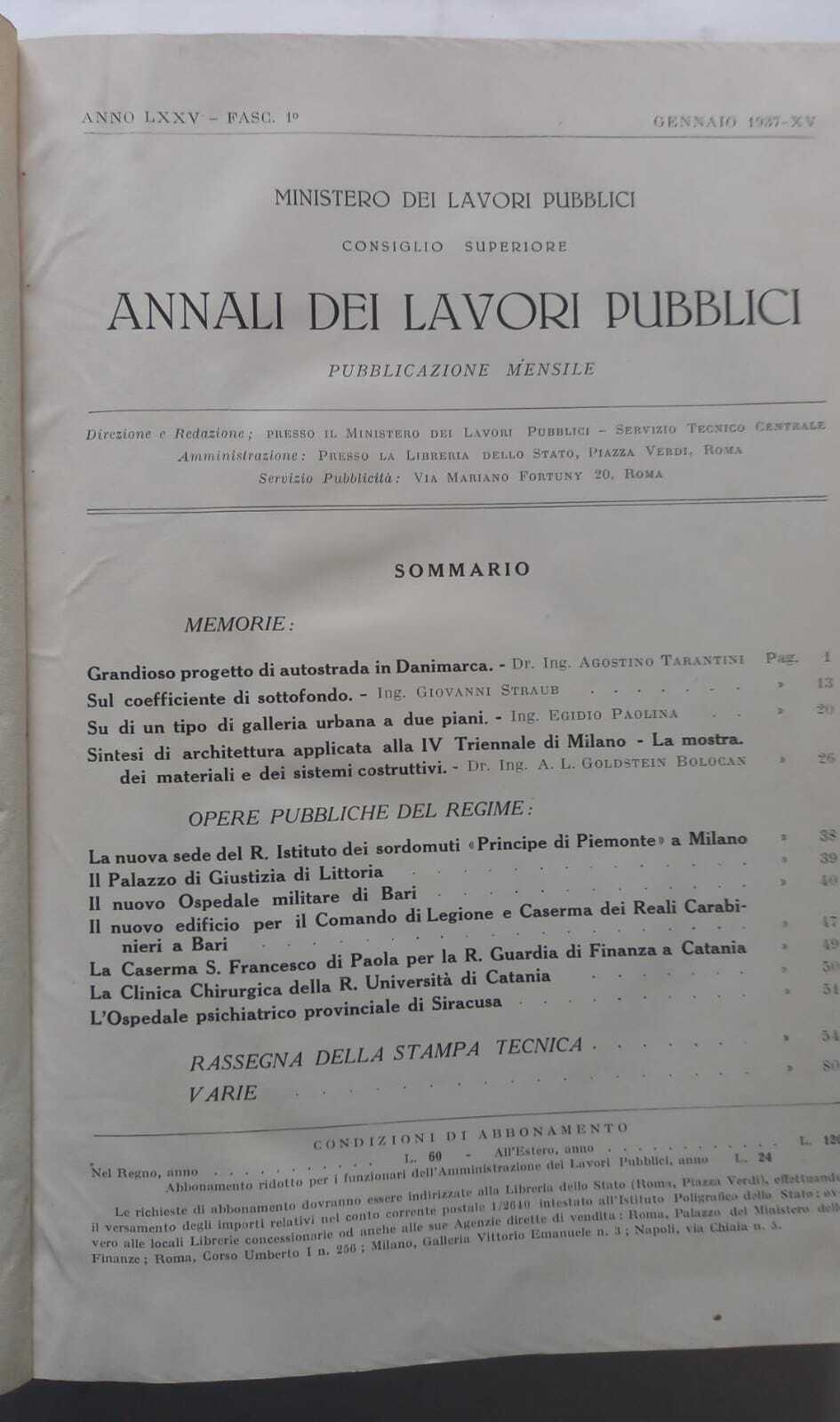 Annali dei lavori pubblici. Anno 1937, Volume primo