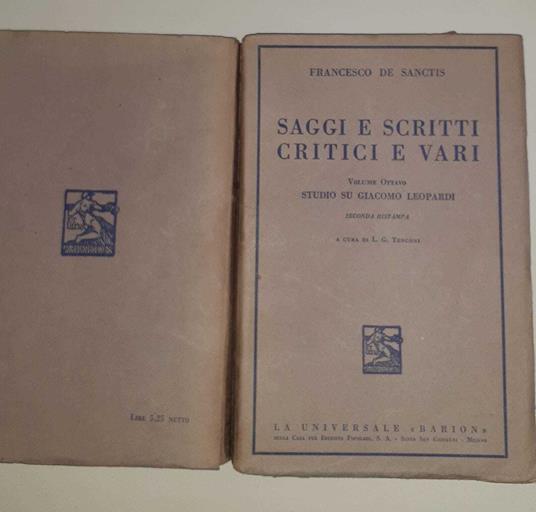 Saggi e scritti critici e vari. Volume ottavo. Studio su Giacomo Leopardi - Francesco De Sanctis - copertina