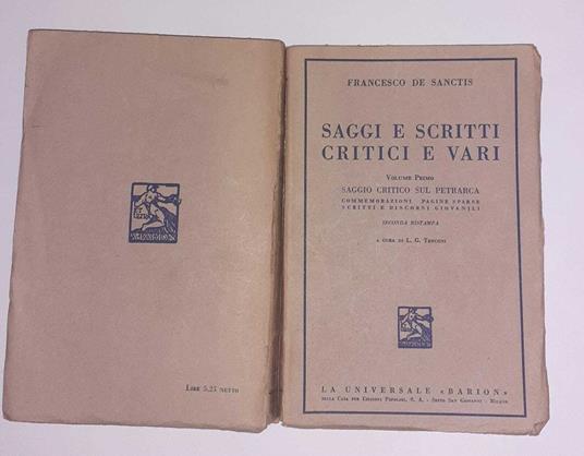 Saggi e scritti critici e vari. Volume primo. Saggio critico sul Petrarca - Francesco De Sanctis - copertina