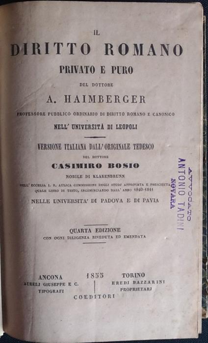 Il diritto romano privato e puro - A. Haimberger - copertina