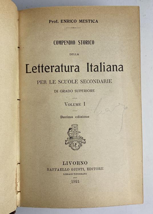 Compendio storico della letteratura italiana (2 volumi) - Enrico Mestica - copertina