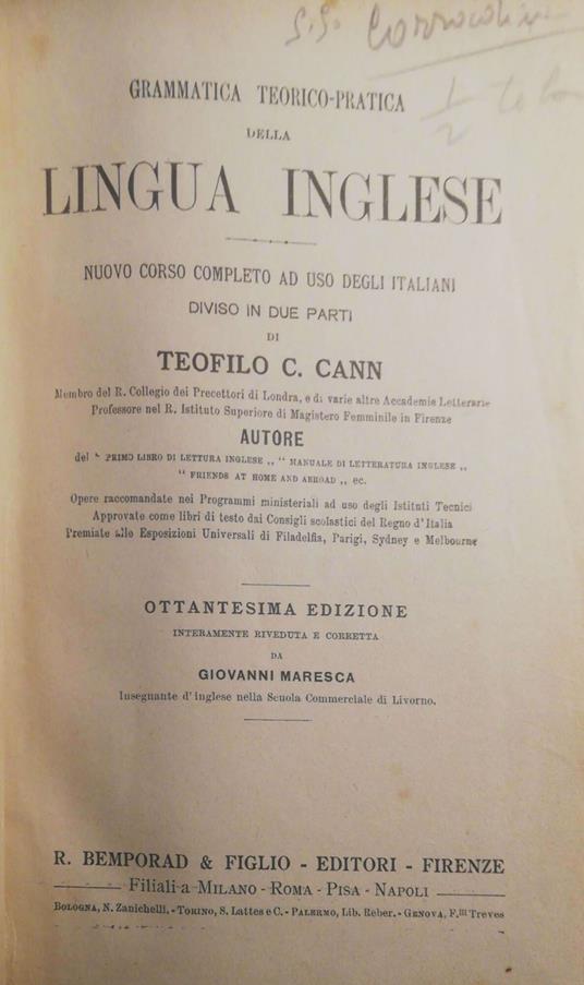 Grammatica teorico pratica della lingua inglese - Anonimo - copertina