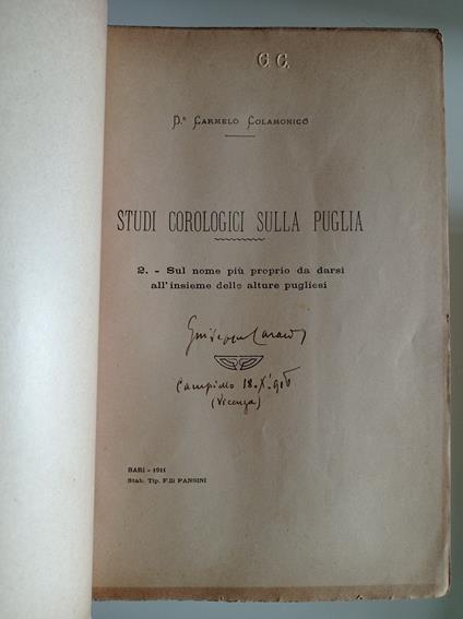 Studi corologici sulla Puglia - Carmelo Colamonico - copertina