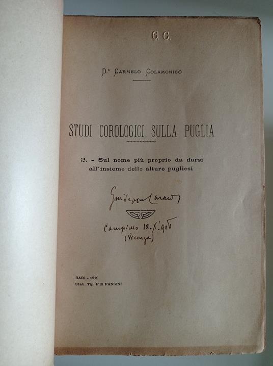 Studi corologici sulla Puglia - Carmelo Colamonico - copertina