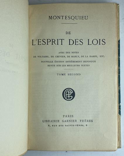 De l'esprit des lois. Tome second - Charles L. de Montesquieu - copertina