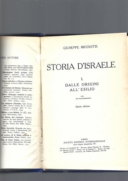 STORIA D' ISRAELE. I: dalle origini all'esilio - Giuseppe Ricciotti - copertina