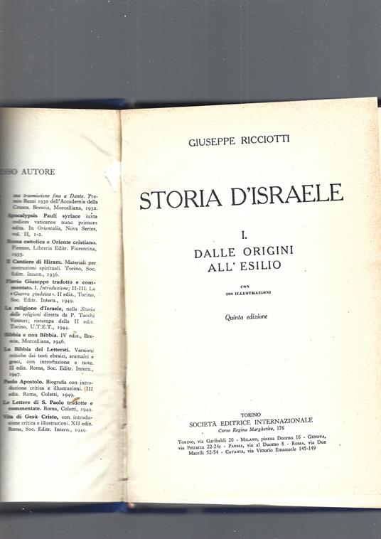 STORIA D' ISRAELE. I: dalle origini all'esilio - Giuseppe Ricciotti - copertina