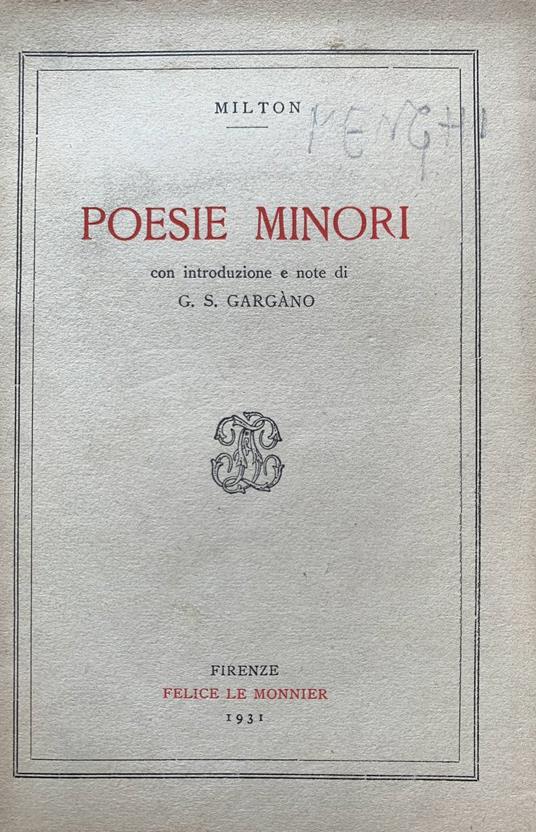 Poesie minori - John Milton - copertina