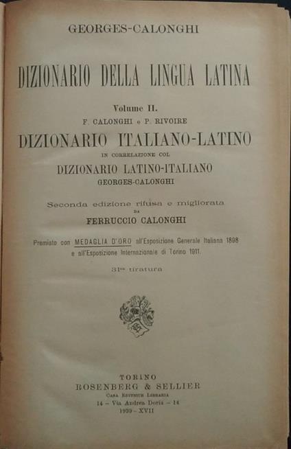Dizionario della lingua latina. Dizionario italiano-latino - copertina
