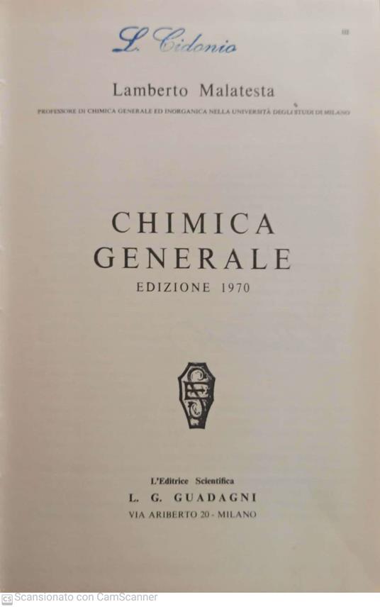 Chimica generale - Lamberto Malatesta - copertina
