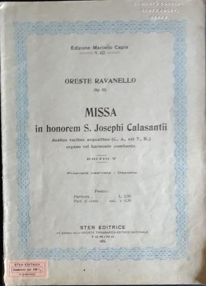 Missa in honorem S. Josephi Calasantii - Oreste Ravanello - copertina
