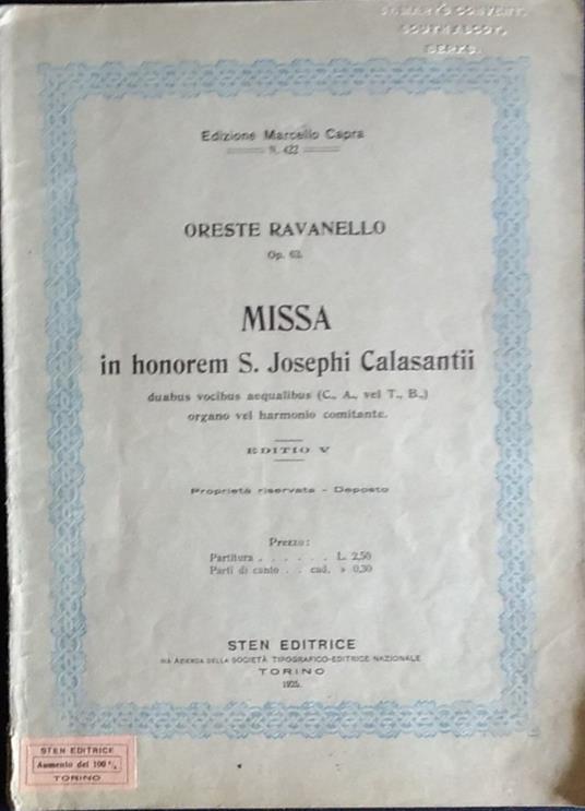 Missa in honorem S. Josephi Calasantii - Oreste Ravanello - copertina