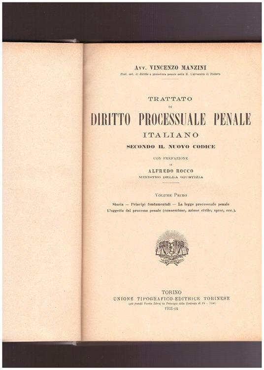 Trattato di Diritto processuale penale italiano secondo il nuovo codice Vol. I - Vincenzo Manzini - copertina