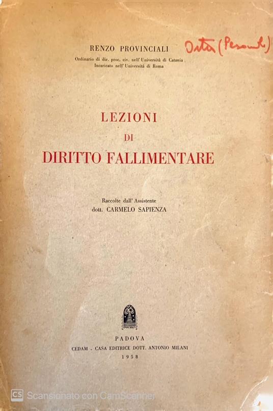 Lezioni di diritto fallimentare - Renzo Provinciali - copertina