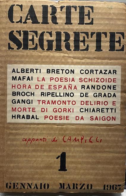 Carte segrete. Rivista trimestrale di lettere e arti anno I- Gennaio-Marzo 1967- n.1 - copertina