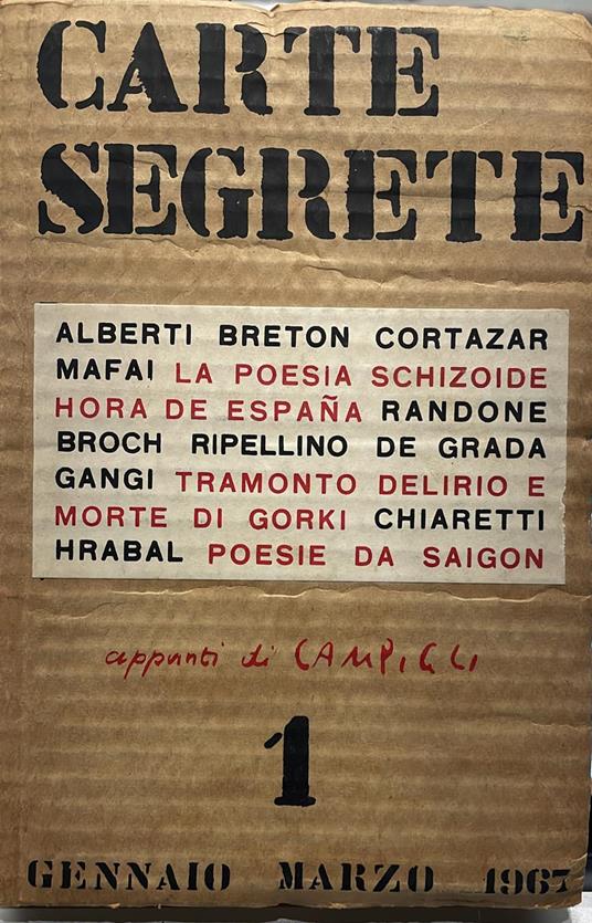 Carte segrete. Rivista trimestrale di lettere e arti anno I- Gennaio-Marzo 1967- n.1 - copertina