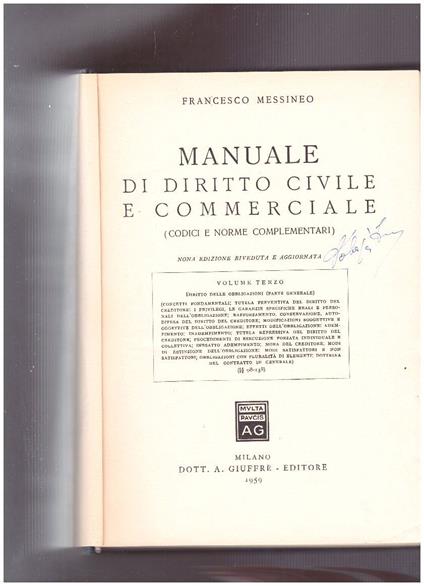 Trattato di Diritto Civile e Commerciale (codici e norme comportamentali) Volume Terzo - Francesco Messineo - copertina
