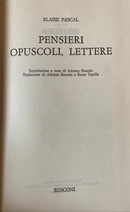 Pensieri, opuscoli, lettere - Blaise Pascal - copertina