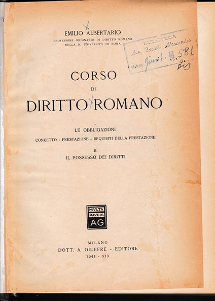 Corso di Diritto Romano - Emilio Albertario - copertina