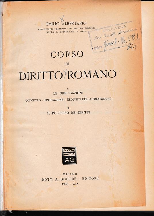 Corso di Diritto Romano - Emilio Albertario - copertina