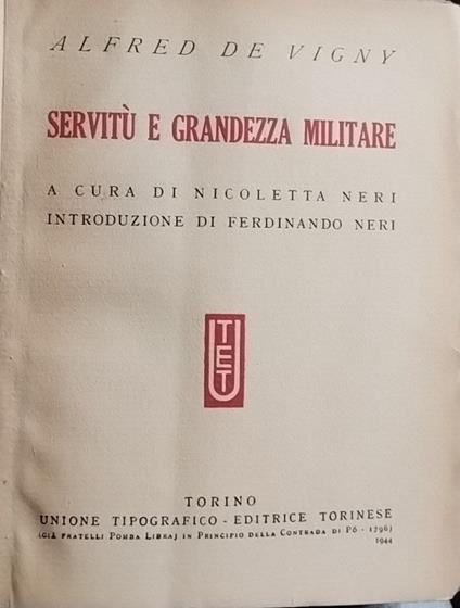 Servitù grandezza militare - Alfred de Vigny - copertina