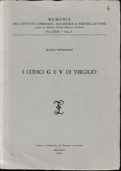 I codici G e V di Virgilio - Mario Geymonat - copertina