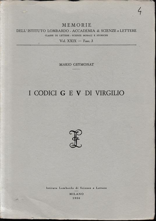 I codici G e V di Virgilio - Mario Geymonat - copertina