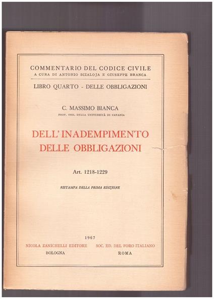 Dell'inadempimento. delle obbligazioni. Libro Quarto. Art.1218-1229 - copertina