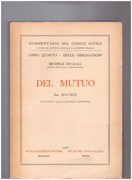 Del mutuo Libro Quarto Art. 1813-1822 - Michele Fragali - copertina