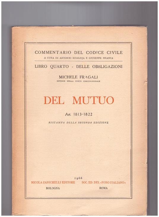 Del mutuo Libro Quarto Art. 1813-1822 - Michele Fragali - copertina
