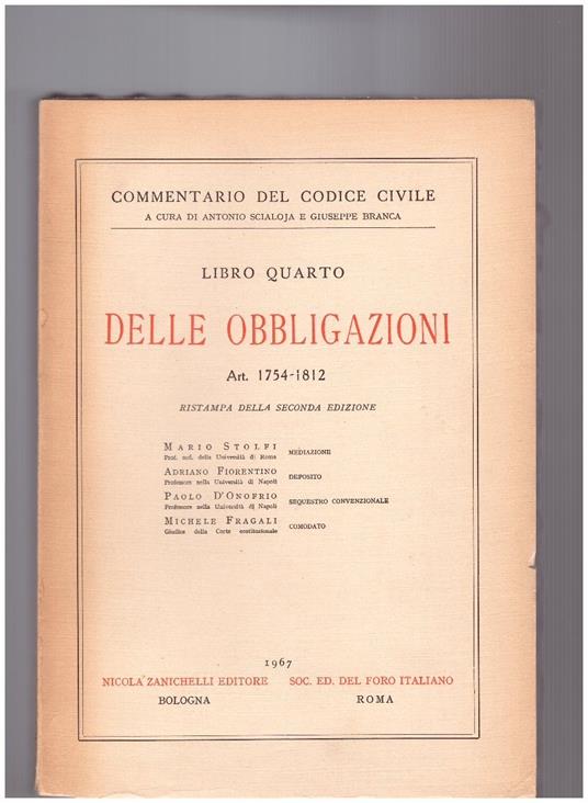 Delle obbligazioni Libro Quarto Art.1754-1812 - copertina