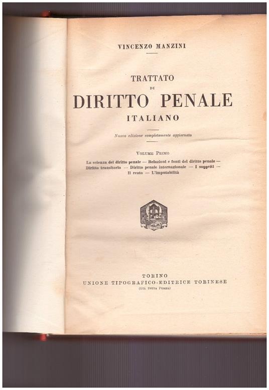 Trattato di diritto penale Volume Primo - Vincenzo Manzini - copertina