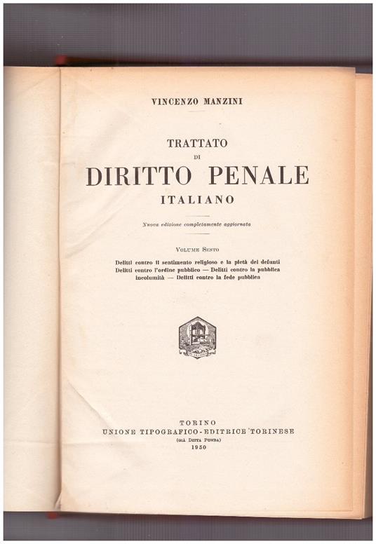 Trattato di diritto penale italiano Volume Sesto - Vincenzo Manzini - copertina