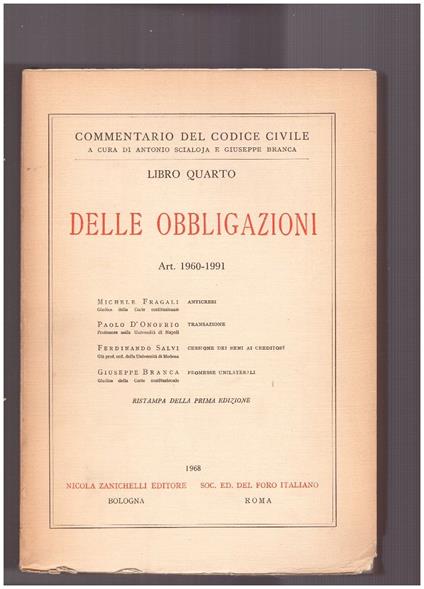 Delle obbligazioni Libro Quarto Art. 1960-1991 - copertina