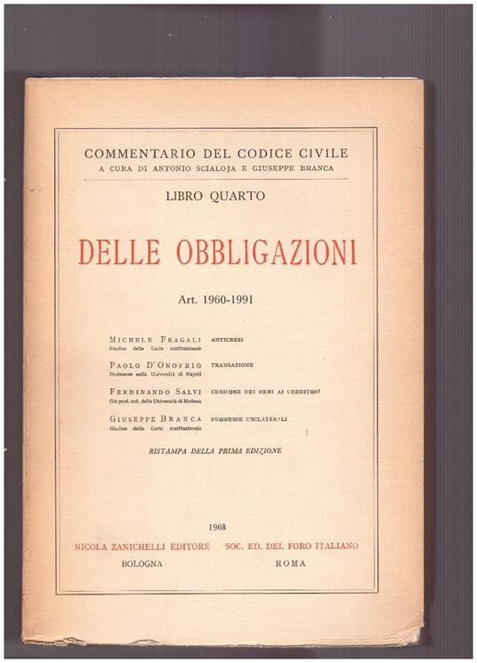 Delle obbligazioni Libro Quarto Art. 1960-1991 - copertina