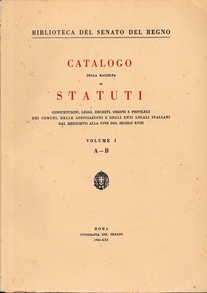 Catalogo della raccolta di Statuti - copertina