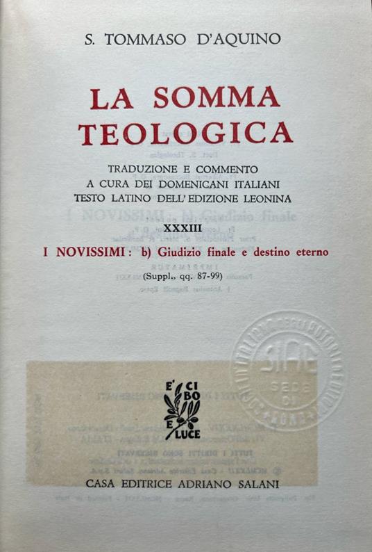 La somma teologica. XXXIII I novissimi: b) giudizio finale e destino eterno - Tommaso d'Aquino (san) - copertina