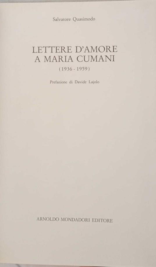 Lettere d'amore a Maria Cumani (1936 - 1959) - Salvatore Quasimodo - copertina