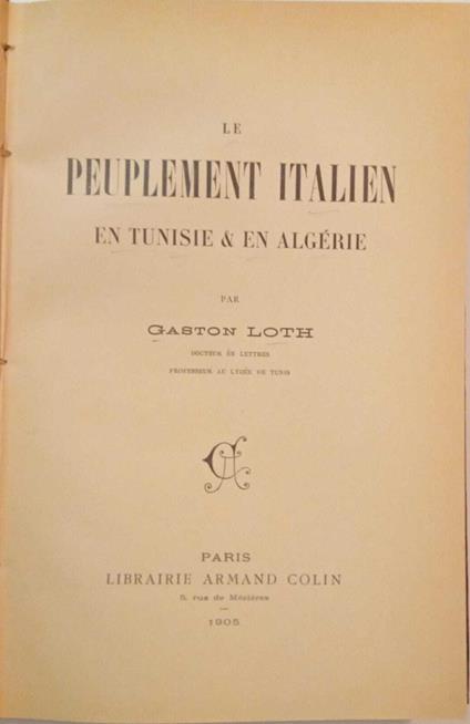 Le peuplement italien en tunisie & en algerie - copertina