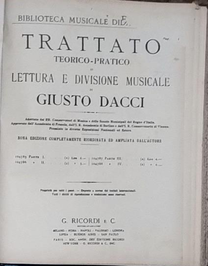 Trattato teorico-pratico di lettura e divisione musicale. Parti I-II-III-IV - Giusto Dacci - copertina