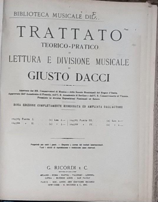 Trattato teorico-pratico di lettura e divisione musicale. Parti I-II-III-IV - Giusto Dacci - copertina