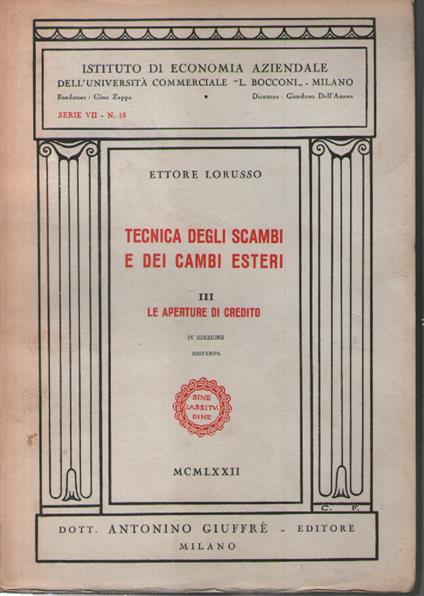 Tecnica degli scambi e dei cambi esteri, III: le aperture di credito - Ettore Lorusso - copertina