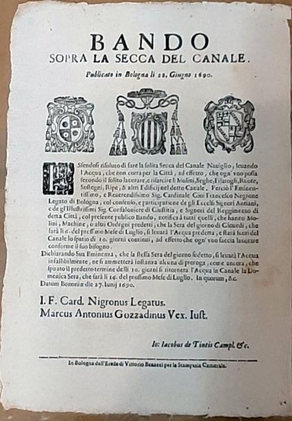 Per la secca del canale. Pubblicato in Bologna li 8 giugno 1690 - copertina