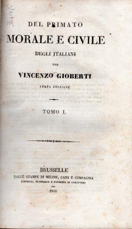 Del primato morale e civile degli italiani. Terza edizione - Vincenzo Gioberti - copertina
