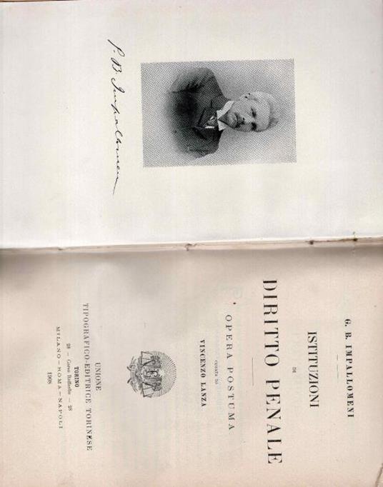 Istituzioni di diritto penale. Opera postuma curata da Vincenzo Lanza di: Impallomeni Giovan Battista - copertina