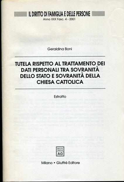 Tutela rispetto al trattamento dei dati personali tra sovranità dello Stato e sovranità della Chiesa cattolica. Estratto - Geraldina Boni - copertina