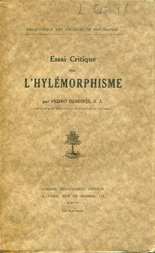 Essai critique sur l'hylémorphisme - copertina