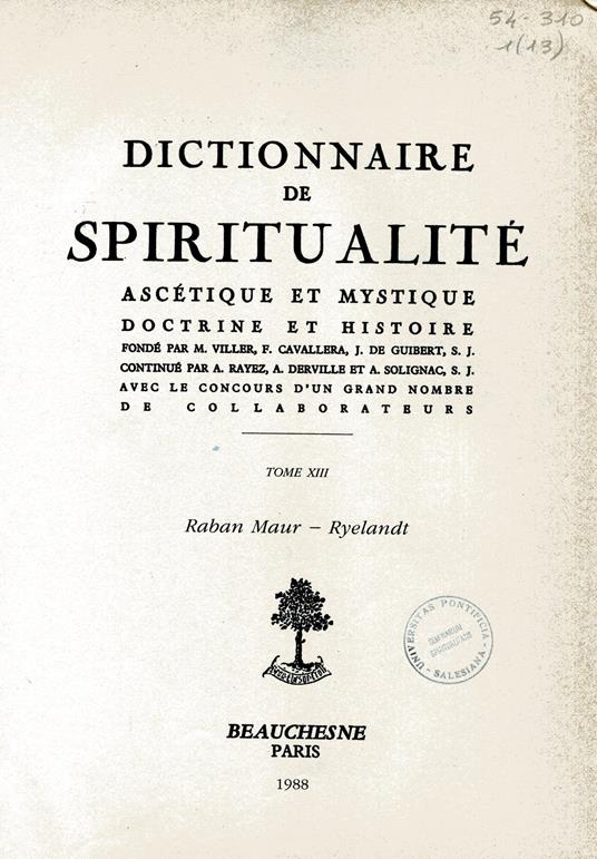Dictionnaire de spiritualité. Ascetique et mystique, doctrine et histoire avec le concours d'un grand nombre de collaborateurs. Tome XIII Raban Maur - Ryelandt - copertina