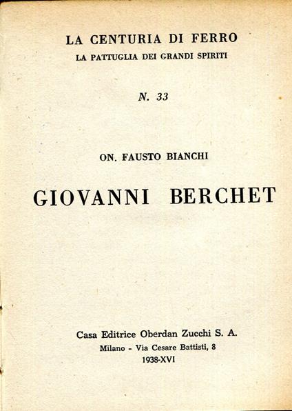 La centuria di ferro. La pattuglia dei grandi spiriti n. 33, Giovanni Berchet - copertina